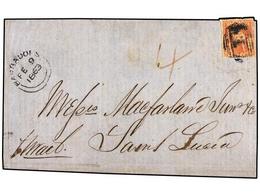 2733 BARBADOS. Sg.29. 1863. <B>6 D.</B> Rose-red, Fresh Colour, Slightly Attached Over Edge On Cover, Oblit. With Oval B - Other & Unclassified