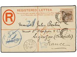 2734 BARBADOS. 1890. BARBADOS To FRANCE. <B>2 Pence</B> Registered Postal Stationary Envelope Uprated With <B>4 D.</B> S - Autres & Non Classés