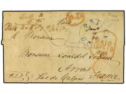 2757 CANADA. 1844. Pre-stamp Envelope To FRANCE Cancelled By <B>ORILLIA U.C.</B> Double Ring In Blue With Date In Manusc - Sonstige & Ohne Zuordnung