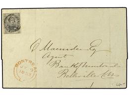 2758 CANADA. 1853 (July 9). Cover To BELLEVILLE, Canada West Franked By Imperforate 1851 <B>6 D.</B> Violet Grey Cancell - Sonstige & Ohne Zuordnung