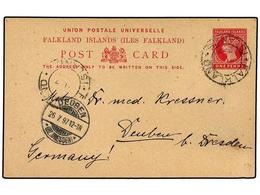 2795 FALKLAND. 1897. <B>1 D.</B> Postal Stationery Card Used To GERMANY Cancelled By The <B>FALKLAND ISLANDS</B> Cds. - Otros & Sin Clasificación
