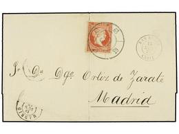 2843 GIBRALTAR. 1859. Envuelta Circulada A MADRID. <B>4 Cuartos</B> Rojo, Mat. <B>R.C. 63</B> En Azul Verdoso Fechador D - Other & Unclassified