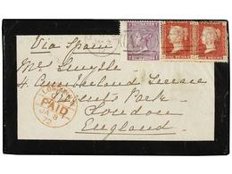 2855 GIBRALTAR. 1872. GIBRALTAR To ENGLAND. Envelope Franked With Two GB<B> 1 D.</B> Red And <B>6 P.</B> Lilac (pl. 9) C - Sonstige & Ohne Zuordnung