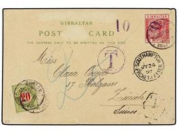 2866 GIBRALTAR. 1897 (July 26). Colour Postcard (view Of Gibraltar) To ZURICH, Franked By 1889-95 <B>10cs.</B> Rose, Pos - Sonstige & Ohne Zuordnung