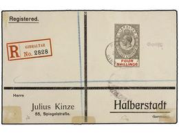 2873 GIBRALTAR. 1913. GIBRALTAR To GERMANY. <B>4 Sh.</B> Olive And Red. Registered Cover, Arrival On Back. - Sonstige & Ohne Zuordnung