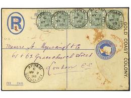 2892 COSTA DE ORO. 1898 (May 2). <B>2d.</B> Blue Registered Postal Stationery Envelope, Size F, Used To London Franked B - Andere & Zonder Classificatie