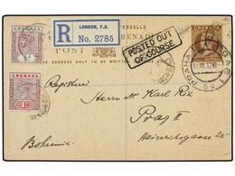 2904 GRANADA. 1912. <B>1½d.</B> Brown On Buff Stationery Card Sent Registered To PRAGUE And Up-rated With 1895-99 <B>½d. - Autres & Non Classés