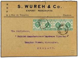 2921 HONG KONG. 1915. Cover To BIRMINGHAM With HONG KONG Single & Strip Of Three <B>2 C.</B> Pale Green All Tied By Bold - Andere & Zonder Classificatie