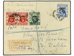 2923 HONG KONG. 1917. <B>BRITISH POST OFFICES</B>. Registered Envelope To IRELAND Bearing <B>2 Cents</B> Green (SG 2), < - Otros & Sin Clasificación