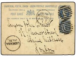 2949 INDIA INGLESA. (1885 CA.). LUDHIANA To LONDON. <B>1 1/2 Anna </B>postal Stationary Uprated With <B>1/2 Anna</B> Blu - Other & Unclassified