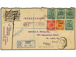 2985 JAMAICA. 1917. Registered Cover Used To The USA Bearing The Scarce <B>1/2 D.</B> WAR STAMP Ovpt STOP INSERTED BY HA - Other & Unclassified