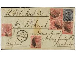 3015 MALAYA. 1888. PENANG To ENGLAND. <B>2 Cts. </B>rose (5) And <B>10 Cents.</B> Slate. Tied By <B>MUTE AND RED PEN</B> - Other & Unclassified