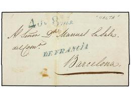 3044 MALTA. 1839 (Feb. 17). Entire Letter From MALTA To BARCELONA Struck With <B>DE FRANCIA</B> Handstamp With Rate Mark - Other & Unclassified