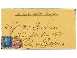 3047 MALTA. 1876. Cover To LIVORNO (Italy) Franked <B>1/2d.</B> SM, Plate 6, And <B>2d.</B> NC, Plate 14 Tied Malta Code - Otros & Sin Clasificación