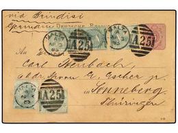 3048 MALTA. 1885 (April 3). Germany <B>5pf</B> Violet Postal Stationery Card, Used To Germany And Franked By Five Exampl - Sonstige & Ohne Zuordnung