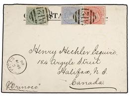 3138 SAN CRISTOBAL. 1886. ST. KITTS To CANADA. <B>1/2 P. </B> Green, <B>1 P.</B> Red And <B>2 1/2 P. </B>blue Tied By <B - Autres & Non Classés