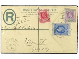 3176 SEYCHELLES. 1913 (April 30). <B>12c</B>. Blue Registered Stationery Envelope To Germany Additionally Franked By 190 - Other & Unclassified