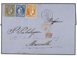 3323 GRECIA. 1873 (Jan). Outer Letter Sheet From Syra To Marseille With Attractive Three Colour Franking Of 1870-72 <B>1 - Other & Unclassified