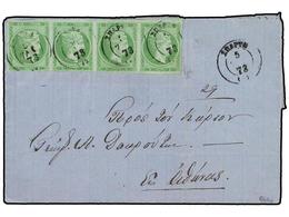 3324 GRECIA. Ed.Vl.37(4). 1873. ATENAS A SPARTI. <B>5 L.</B> Verde. Tira De Cuatro (Mi. 18). Precioso Y Raro Franqueo. - Otros & Sin Clasificación