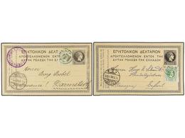 3334 GRECIA. 1899. 2 Postal Stationary Cards Of <B>5 L.</B> Black Uprated With <B>5 L.</B> Green Stamp (perf. And Imperf - Other & Unclassified