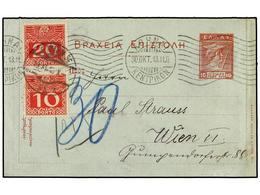 3339 GRECIA. 1913. ATENAS To WIEN. <B>10 L. </B>red Postal Stationary Card, Taxed On Arrival With Austrian <B>10 H.</B>  - Sonstige & Ohne Zuordnung
