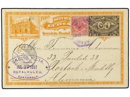 3376 GUATEMALA. 1897. RETALHULEU A ALEMANIA. Entero Postal De <B>3 Ctvos.</B> Con Sello Alemán De <B>10 Pf.</B> Carmín A - Otros & Sin Clasificación