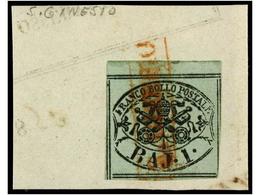 3577 ITALIA ANTIGUOS ESTADOS: ESTADOS PONTIFICIOS. Sa.2. 1852. <B>1 Baj.</B> Negro S. Verde Sobre Fragmento. Mat. Lineal - Sonstige & Ohne Zuordnung