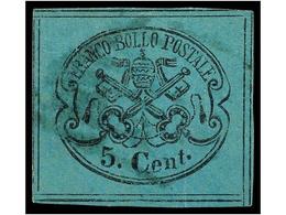3584 ° ITALIA ANTIGUOS ESTADOS: ESTADOS PONTIFICIOS. Sa.16. 1867. <B>5 Cent.</B> Azul Verdoso Con Los 8 FILETES De Separ - Andere & Zonder Classificatie