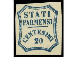 3603 * ITALIA ANTIGUOS ESTADOS: PARMA. Sa.15. 1859. <B>20 Cts.</B> Azul. Goma Parcial. Color Muy Fresco. MAGNÍFICO EJEMP - Autres & Non Classés