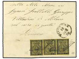 3604 ITALIA ANTIGUOS ESTADOS: PARMA. Sa.1(3). 1853. PIACENSA A ROMANA. <B>5 Cents.</B> Negro S. Amarillo. Tira De Tres,  - Otros & Sin Clasificación