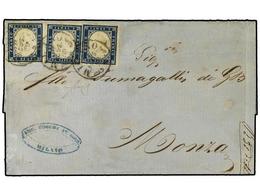 3609 ITALIA ANTIGUOS ESTADOS: LOMBARDO-VENECIA. Sa.15B(3). 1855. MILANO A MONZA. <B>20 Cts.</B> Azul Oscuro, Tres Sellos - Sonstige & Ohne Zuordnung