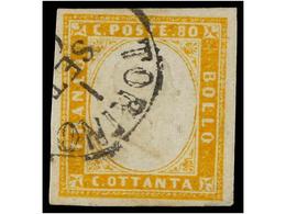 3612 ° ITALIA ANTIGUOS ESTADOS: CERDEÑA. Sa.17D. 1861. <B>80 Cts. </B>yellow. <B>TORINO</B> Cds. Very Fine. Sassone.700? - Otros & Sin Clasificación