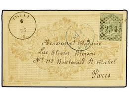 3667 ITALIA. 1877. Superb Small Brown Printed Envelope 'Auguri E Felicitazione' Used To PARIS Franked By 1863-77 <B>5c.< - Autres & Non Classés