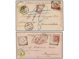 3669 ITALIA. 1891-95. 2 Enteros Postales De <B>7 1/2 Cts. Y 15 Cts. </B>circulados A Suiza, Tasados A La Llegada Con Sel - Other & Unclassified