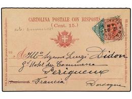 3670 ITALIA. 1893. Senders Half Of <B>7 1/2+7 1/2 C.</B> Reply Card Used To FRANCE And Up-rated With Diagonally Bisected - Other & Unclassified