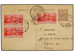 3762 ITALIA. 1930. Corfu. <B>15c.</B> Postal Stationery Card, Uprated <B>20c.(3)</B> Ferrucci Tied By <B>Kepkypa * Corfu - Other & Unclassified