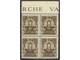 3768 ** ERITREA. Sa.1. 1939. <B>RECAPITO AUTORIZZATO. 10 Cts.</B> Brown. Block Of Four, Never Hinged. Sassone.300?. - Other & Unclassified
