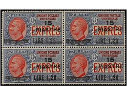 3825 ** LEVANTE: CORREO ITALIANO. Sa.E1+1a. <B>15 Pi. S. 1,20 Lire</B>. Bloque De Cuatro, Un Sello<B> Sin Coma</B> Entre - Andere & Zonder Classificatie