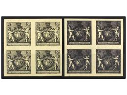 3987 (*) LIECHTENSTEIN. Mi.46 (4), 52 (4) PK. 1921. TWO Imperforate <B>PROOFS</B> In Block Of Four. <B>2 1/2 Rp.</B> Gre - Other & Unclassified