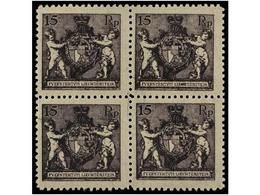 3998 **/* LIECHTENSTEIN. Mi.52B (4). 1921. <B>15 Rp,</B> Black-violet, Perf. 12 1/2. Block Of Four, Two Hinged. Michel.2 - Otros & Sin Clasificación