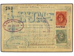 4157 MEXICO. 1883. ZACATECAS A ALEMANIA. Entero Postal De <B>2 Ctvos.</B> Verde + <B>3 Ctvos.</B> Rojo Con Distrito En S - Other & Unclassified