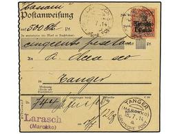 4198 MARRUECOS ALEMAN. 1914 (July 17). <B>LARACHE. </B>Money Order Form Used To TANGIER Franked By Single Usage Of Gothi - Otros & Sin Clasificación