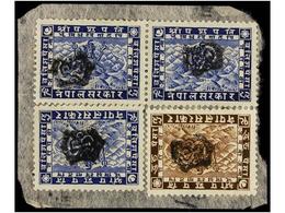4248 NEPAL. Mi.46, 51 (3). (1935 CA.). <B>2 Pice</B> Brown And <B>32 Pice</B> Blue On Piece, Telegraphic Cancellation Of - Sonstige & Ohne Zuordnung