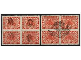 4250 ° NEPAL. Mi.48 (8). (1935 CA.). <B>8 Pice</B> Red, Two Blocks Of Four With Telegraphic Cancellations. - Sonstige & Ohne Zuordnung