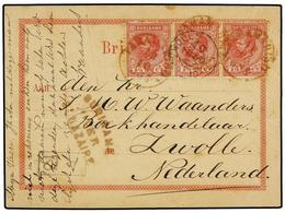 4378 SURINAM. 1885 (18 Octubre). PARAMARIBO A HOLANDA. Tarjeta Con Franqueo De <B>2 1/2 Cts.</B> Rosa Tira De Tres, Marc - Autres & Non Classés