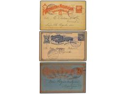 4404 NICARAGUA. 1894-98. Tres Enteros Postales De <B>2 Ctvos.</B> Azul. S Rosa, Rojo S. Crema, Rojo S. Azul, Circulados  - Autres & Non Classés