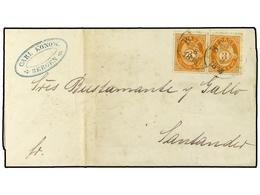 4424 NORUEGA. 1878. Printed Matter Rate Envelope To Spain Bearing <B>3 Ore</B> Orange (pair) (Facit 23) Tied By <B>BERGE - Andere & Zonder Classificatie