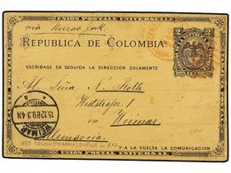 4464 PANAMA. 1889. COLON A ALEMANIA. Entero Postal De Colombia De <B>2 Ctvos.</B>, Mat. Dúplex De <B>COLON</B> En ROJO,  - Autres & Non Classés