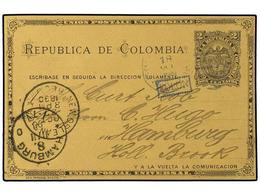 4465 PANAMA. 1890 (Oct 18). <B>2c</B>. Black On Buff Stationery Card Of 1887, Used To Hamburg Cancelled By Framed <B>'CO - Andere & Zonder Classificatie