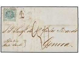 4533 PERU. Sc.7. 1859. LIMA A GENOVA. <B>1 Dinero</B> Azul Cielo Circulada Directamente Por Buque Sardo Tasada A La Lleg - Sonstige & Ohne Zuordnung